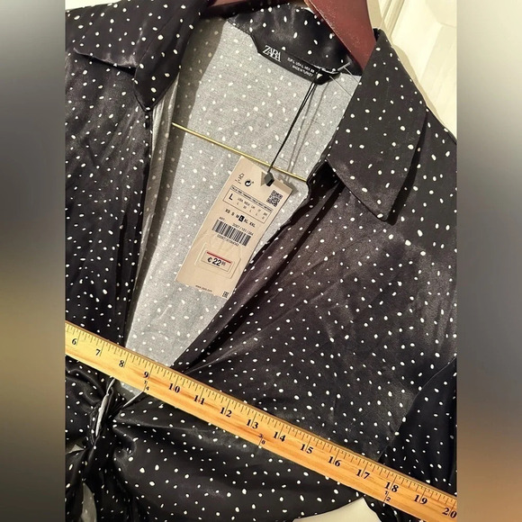 NWT ZARA Black Blouse White Mini Polka Dots Long Sash Wrap Top Collar LARGE - Picture 11 of 12
